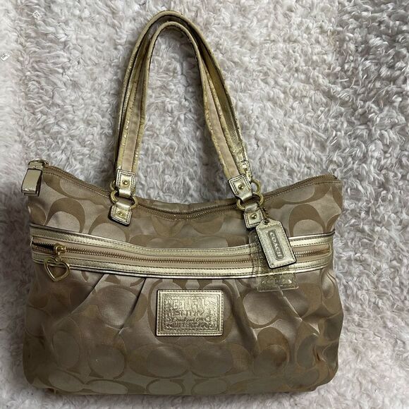 Coach large Tote Bag satin gold Signature F20026 metallic gold trim & Straps. - Picture 1 of 15